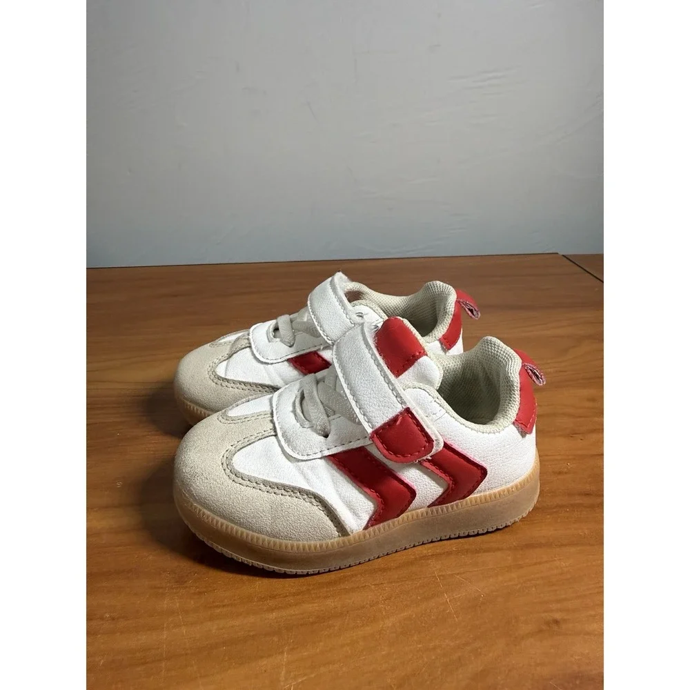 Sneakers First Steps Size 6 White/Red Toddler Shoes no-tie laces/hook & loop